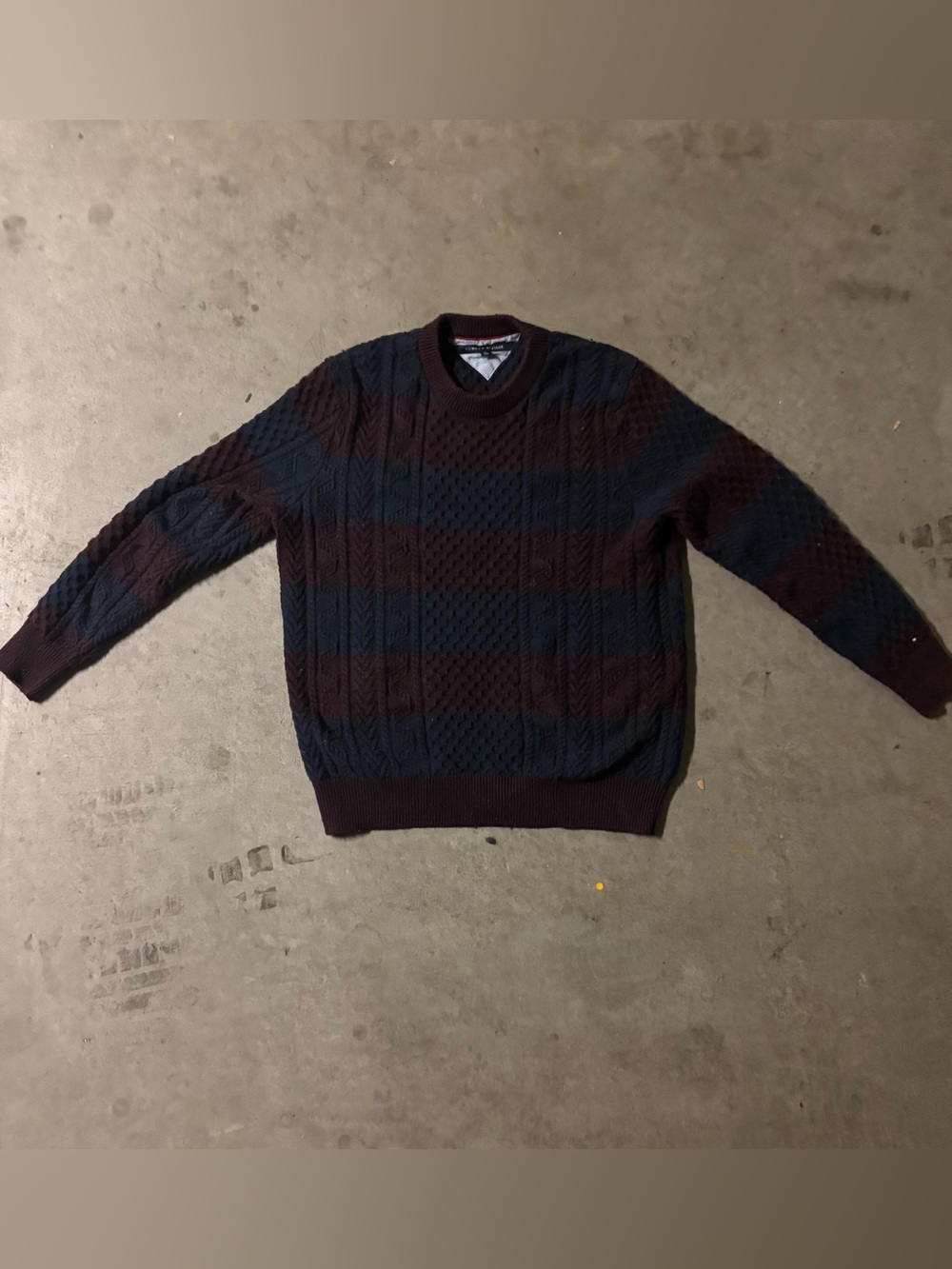 Tommy Hilfiger Striped Cable Knit Crewneck in Navy and Burgundy